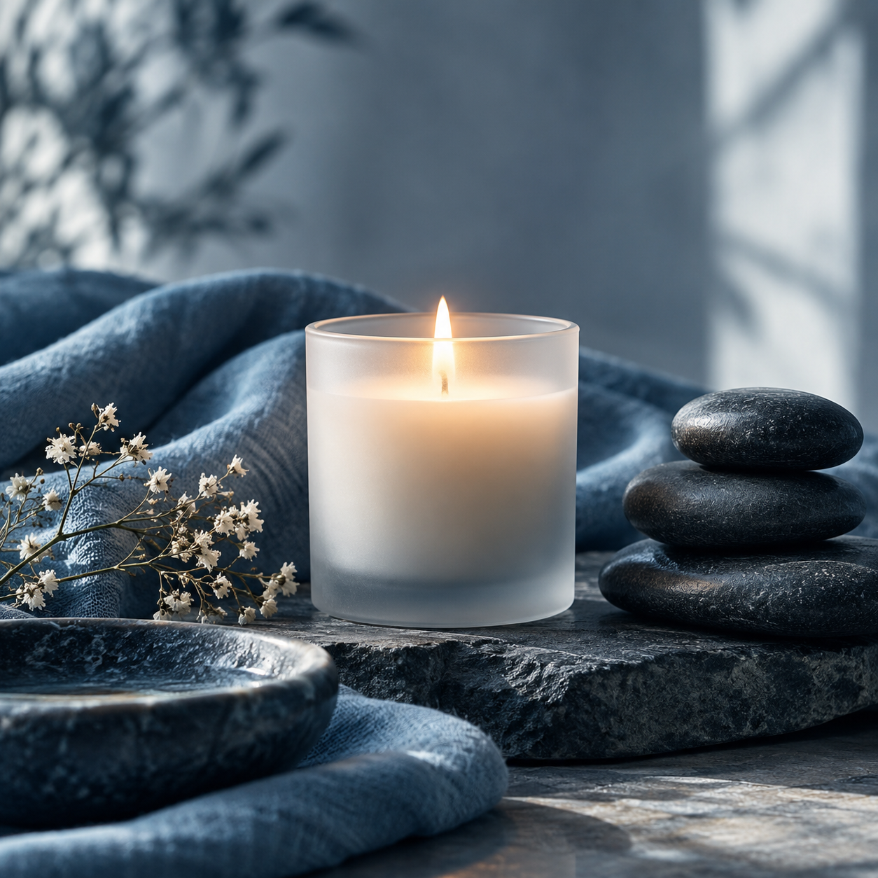 LovePulse Wellness — Home A candle and stacked smooth stones on blue linen.