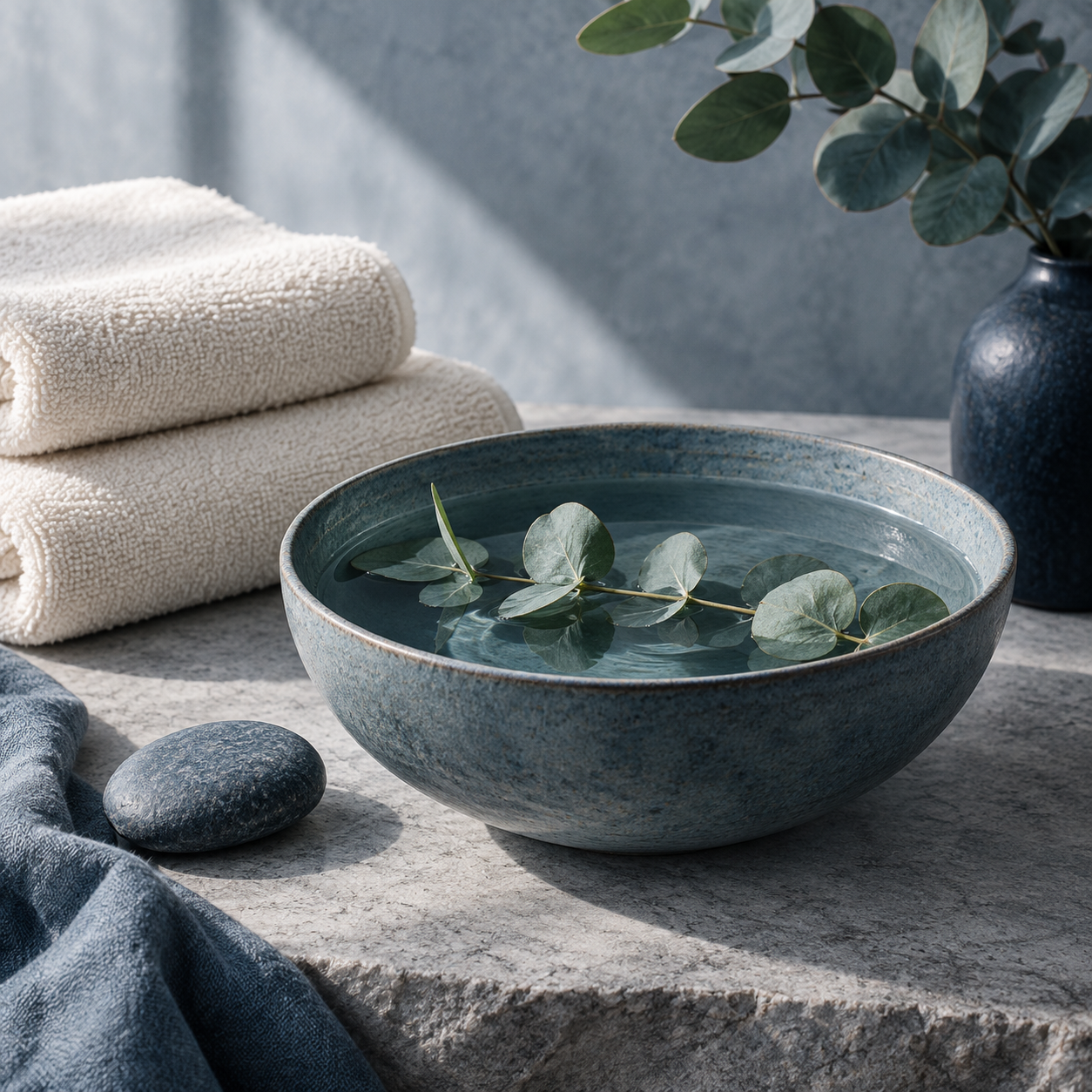 LovePulse Wellness — Home Folded ivory towels, a blue bowl and eucalyptus.