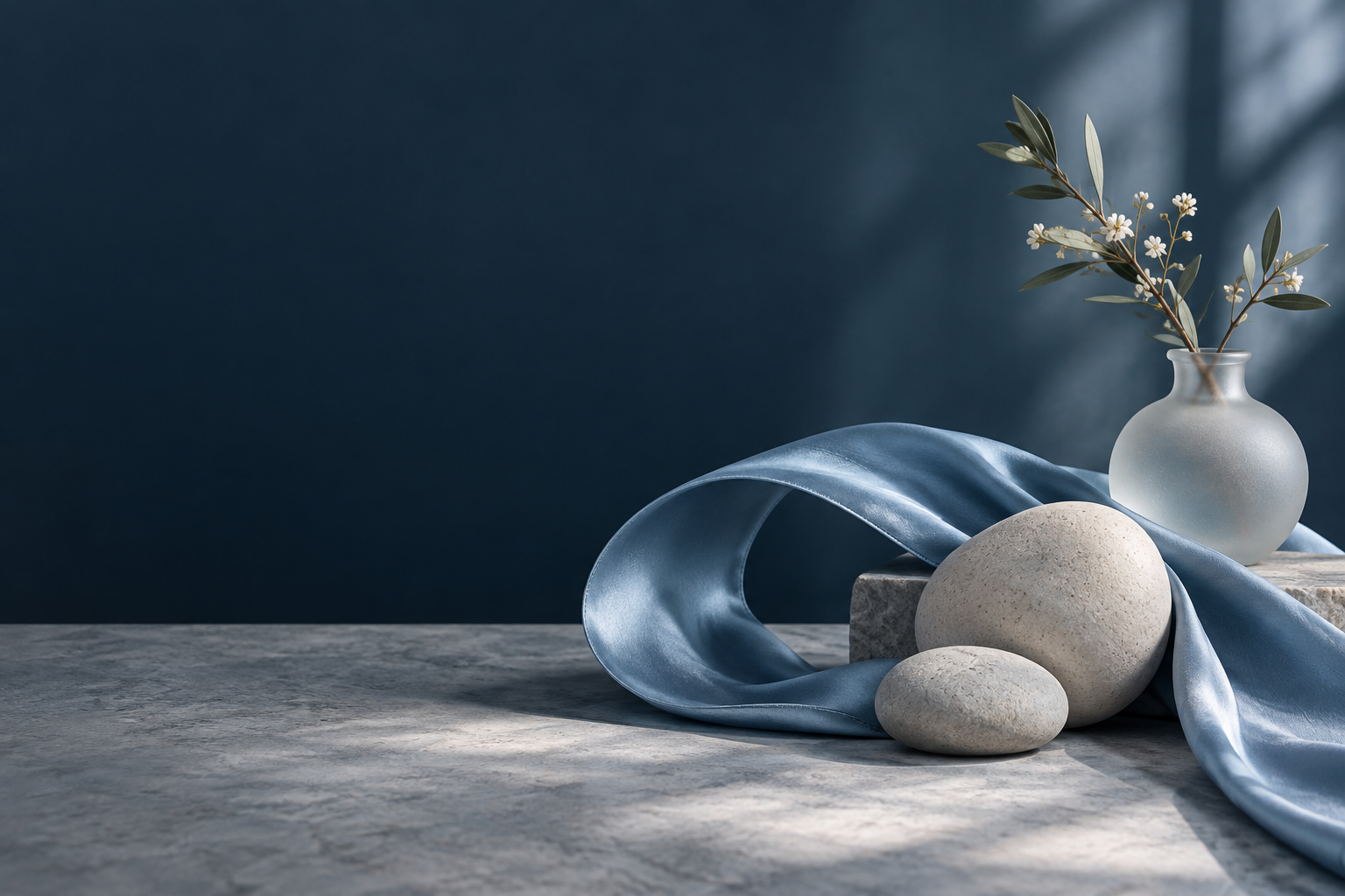 LovePulse Wellness — Home Blue satin, smooth stones and a frosted vase in soft natural light.