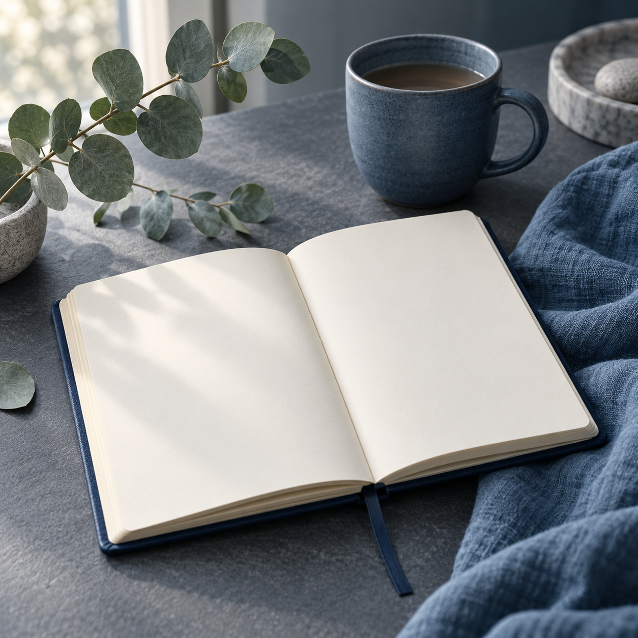 LovePulse Wellness — Home An open notebook, blue cup and eucalyptus.
