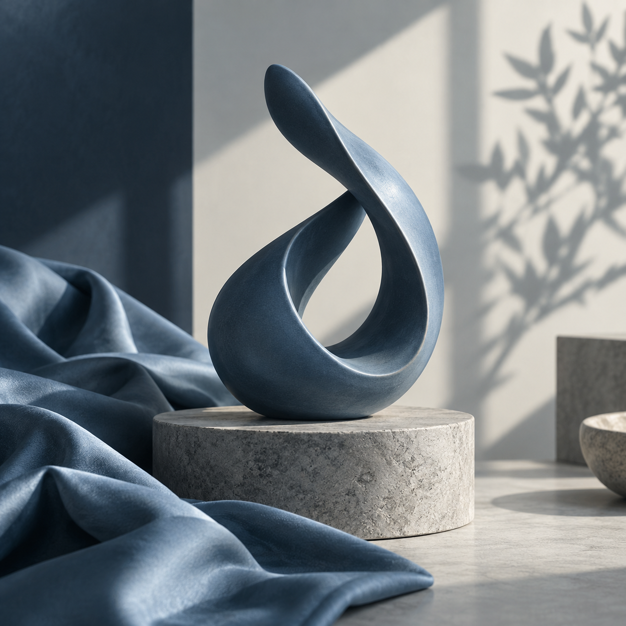 LovePulse Wellness — Home An abstract blue ceramic sculpture on a stone pedestal.