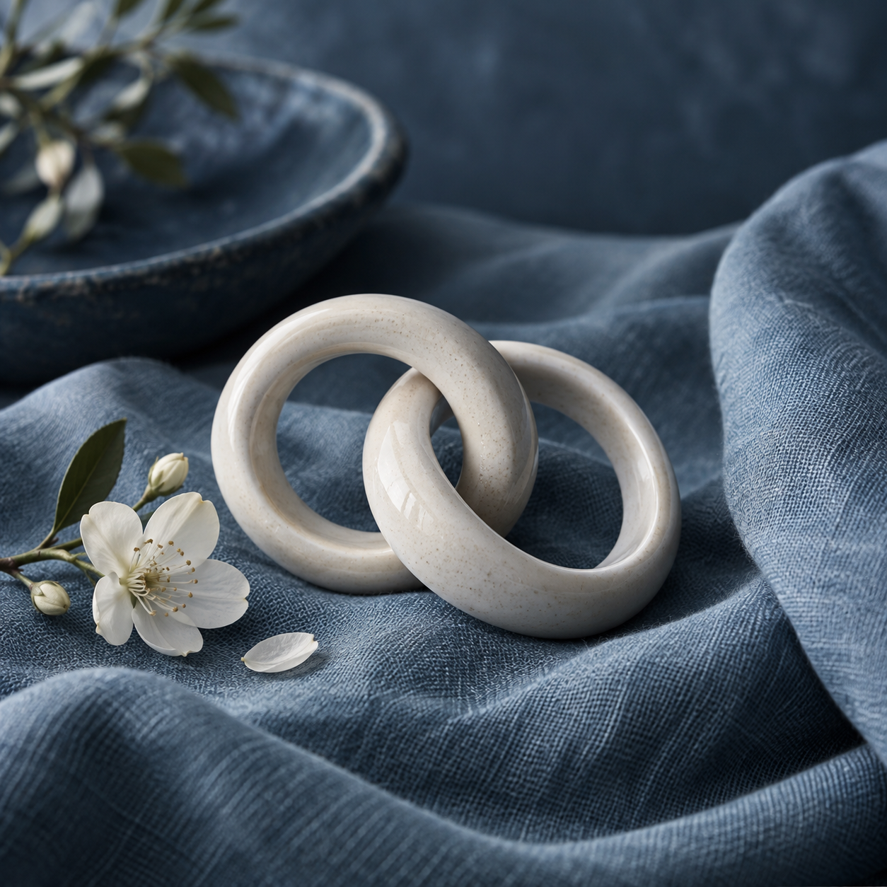 LovePulse Wellness — Home Two interlocking ivory ceramic rings on blue linen.